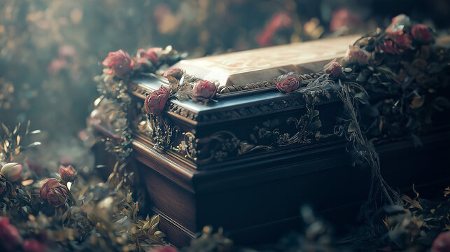 coffin adorned with pink roses in an outdoor setting