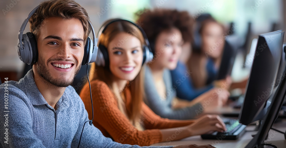 Poster smiling call center employees working on computers with headsets in modern office environment, teamw