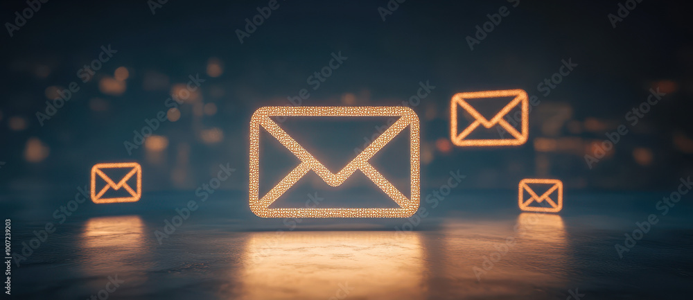 Poster illuminated email icons on dark background representing contact communication and office inbox conce