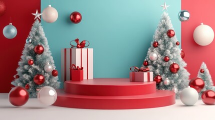 Christmas Ornaments and Gifts on Red Podium.