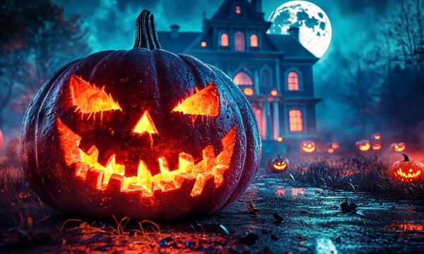 ハロウィーン-満月の夜の不気味な幽霊屋敷の光るジャック・オー・ランタン