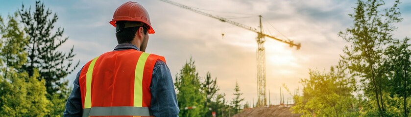 Construction worker in safety gear observing crane development at a site with trees and a sunset backdrop.