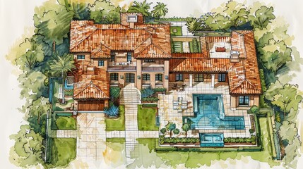Naklejka premium Mediterranean Villa Design, aerial perspective highlighting sustainable architecture, vibrant colors, innovative features, artistic sketching details.