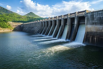 A stunning view of a large dam with water flowing through the gates, surrounded by lush green mountains under a clear blue sky.