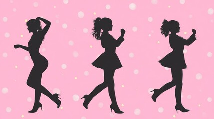 Three female silhouettes in black dresses walking on pink background with glittery dots.