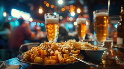 Fototapeta premium a table at Oktoberfest laden with different types of sausages, fried potatoes, and sauerkraut, with beer mugs in the background
