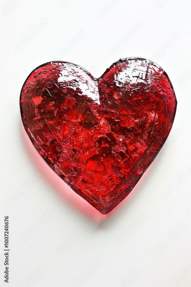 Poster a red heart-shaped object sits on a white surface, waiting for use or display