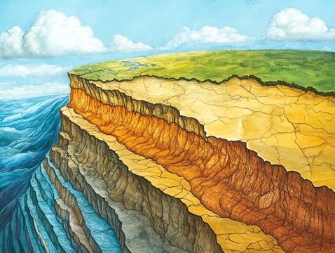 Illustration of Earth's geological layers, depicting different rock strata from surface to ocean depth, showcasing Earth's structure.