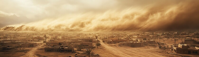 Desert cityscape with towering sandstorm in the distance, creating a dramatic and intense natural phenomenon against the arid landscape.