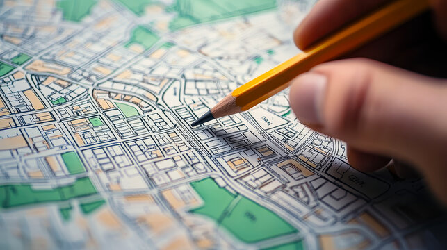 Detailed City Planning: Human Hand Holding Pencil over Comprehensive Cadastre Map for Urban Development
