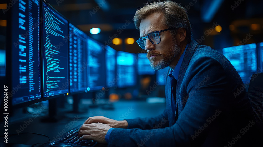 Poster focused businessman analyzing data on multiple computer screens in modern office setting for high-te