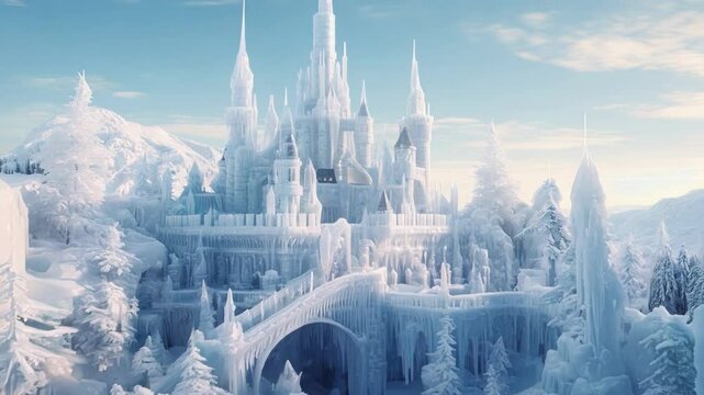 Magnificent ice castle is standing on a snowy mountain landscape, with a bridge leading to its entrance, surrounded by snow covered trees. The image evokes a sense of wonder and magic