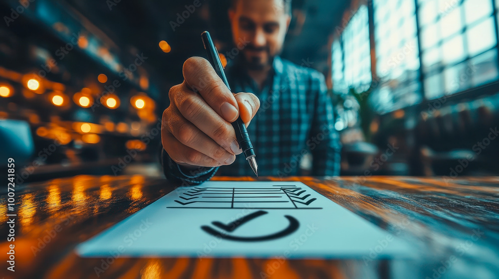 Poster businessman evaluating performance and approving documents in modern office setting for business man