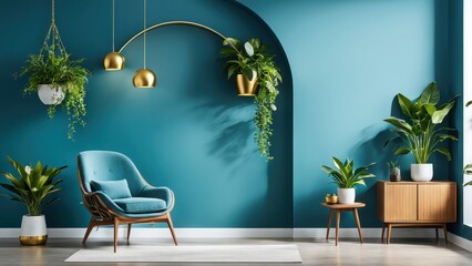 A stylish living room with teal walls, plants, and modern furniture for relaxation.