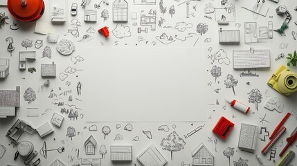 Creative workspace with toy blocks and sketches, offering a blank sheet in the center for innovative designs and ideas.