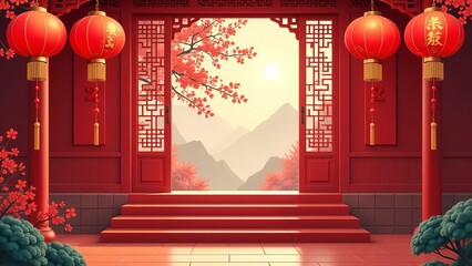 Chinese illustration. Stairs in asian new year or spring entry realistic greeting poster, red lanterns, curtains traditional festive china lunar calendar