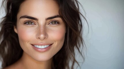 Naklejka premium Woman Portrait of a smiling brunette woman showcasing beauty and skincare routine in a clean, close-up shot