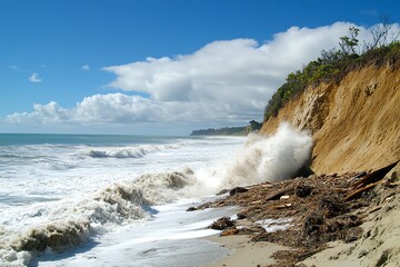 Fototapeta premium Dramatic coastal cliff with powerful ocean waves crashing against the shore, under a partly cloudy sky, showcasing nature's raw beauty.