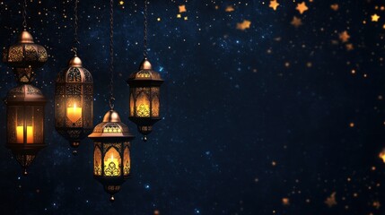 Ornamental Lanterns Hanging Against a Starry Night Sky.