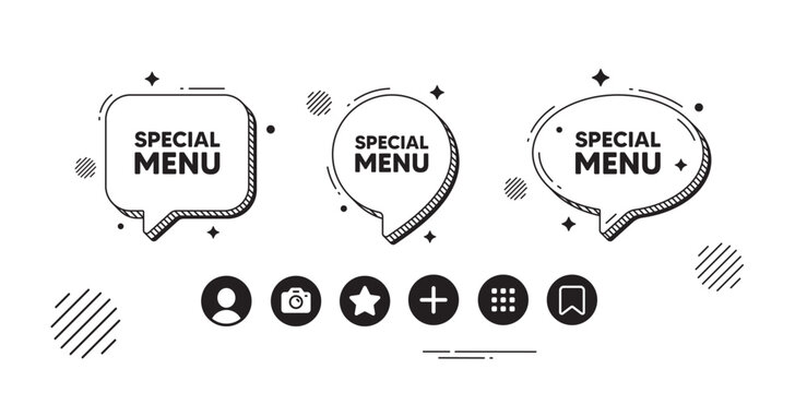 Special menu tag. Speech bubble offer icons. Kitchen food offer. Restaurant menu. Special menu chat text box. Social media icons. Speech bubble text balloon. Vector