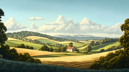 Fototapeta premium A Serene Rural Landscape with Rolling Hills and a Lone Farmhouse