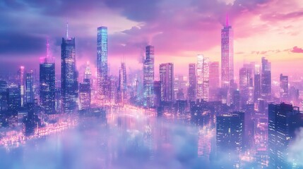 Vibrant City Skyline at Sunset with Twilight Colors