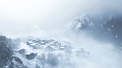 Obraz premium Snowy winter village in the mountains covered in a blanket of fresh snow, evoking a serene, peaceful and chilly atmosphere.