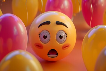Curious emoji ball with raised eyebrows, balloons enhancing the curiosity