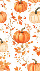 An enchanting autumn pattern showcasing elegant white pumpkins, vibrant orange berries, and colorful fall leaves.