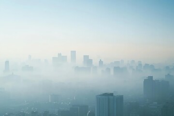 Naklejka premium Aerial view of a city skyline covered in fog, highlighting urban buildings and a serene, misty atmosphere during early morning.