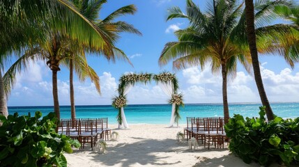 Naklejka premium Wedding ceremony setup on a tropical beach with white floral archway and palm trees.