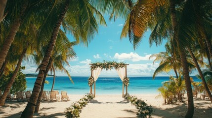 Fototapeta premium Floral wedding archway on a tropical beach with palm trees.