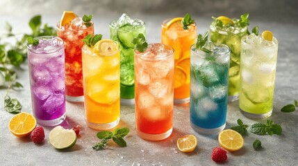 a variety of drinks sweetened with stevia, displayed on a kitchen counter. Concept Healthier Eating Choices, Low-Calorie Alternatives, Artificial Sweeteners, Sugar Substitutes, Wellness Options