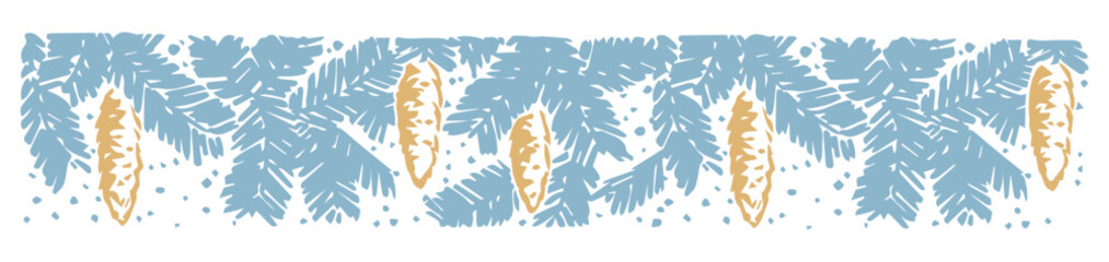 Fototapeta premium Golden cones on a blue spruce branch. Christmas banner. Vector festive new year illustration.