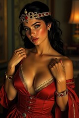 3D Digital Illustration of Elegant Woman in Regal Attire with Ornate Jewelry
