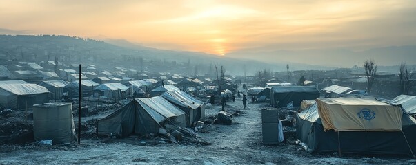 Sunset over a refugee camp with rows of makeshift tents and structures, highlighting the human struggle and resilience in difficult conditions