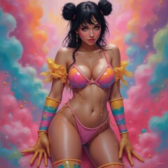 3D Digital Illustration of a Stylish Woman in Neon Outfit with Colorful Background – Fantasy and Artistic Concept
