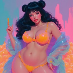 3D Digital Illustration of a Stylish Woman in Neon Outfit with Colorful Background – Fantasy and Artistic Concept