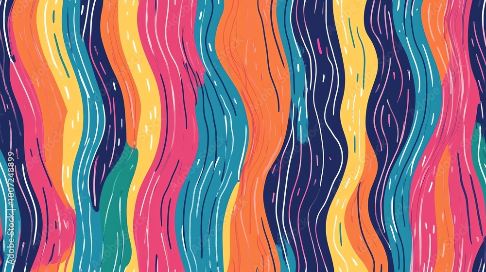 Poster a vibrant and colorful abstract pattern with wavy lines and stripes in a variety of bright hues.