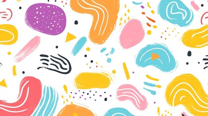 A vibrant and playful abstract pattern featuring a mix of colorful shapes, lines, and dots.