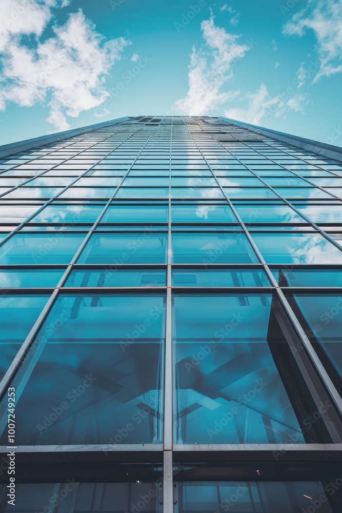 Poster a tall skyscraper with many windows and possibly an urban setting