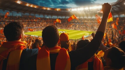 Back of a crowd of people watching a soccer game in a stadium.