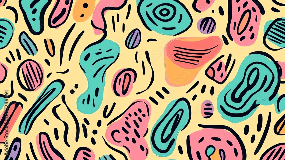 Poster a vibrant and playful abstract pattern featuring a mix of colorful shapes and lines.
