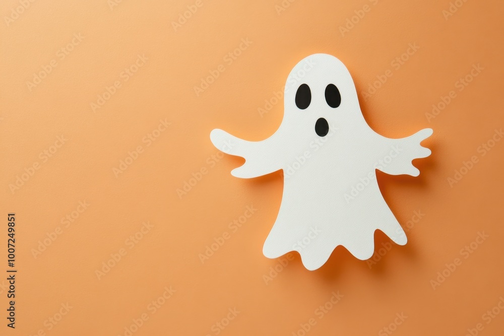 Poster paper cutout of a ghost on a light orange background, with simple shapes and lines generative ai