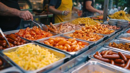 Obraz premium a variety of sausages, including bratwurst and frankfurters, served with traditional sides at a beer garden