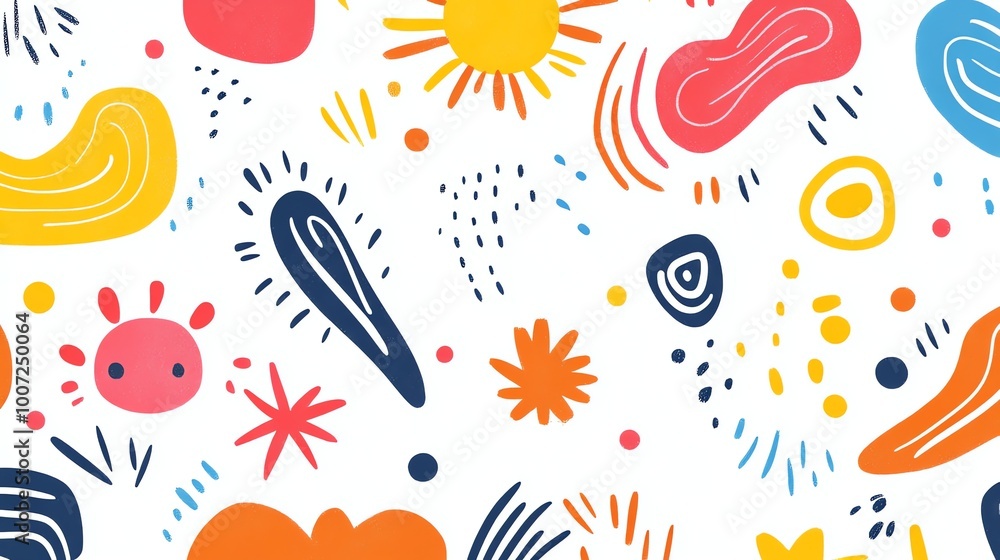 Poster a vibrant and playful abstract pattern featuring colorful shapes and lines.