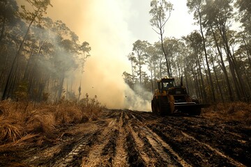 Fototapeta premium Bulldozer creating firebreak in forest to control wildfires, smoke and fire in background. Intense scene of nature and machinery combined.