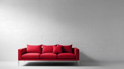 Image features a minimalist interior design style with a modern layout, vibrant red sofa with three seat cushions and four matching throw pillows, positioned against a plain, light gray brick wall