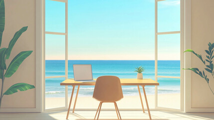 Illustration of a work table in front of a bright window with light blue ocean view