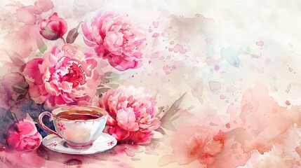 Delicate floral arrangement with pink peonies and a cup of tea on a soft watercolor background in springtime